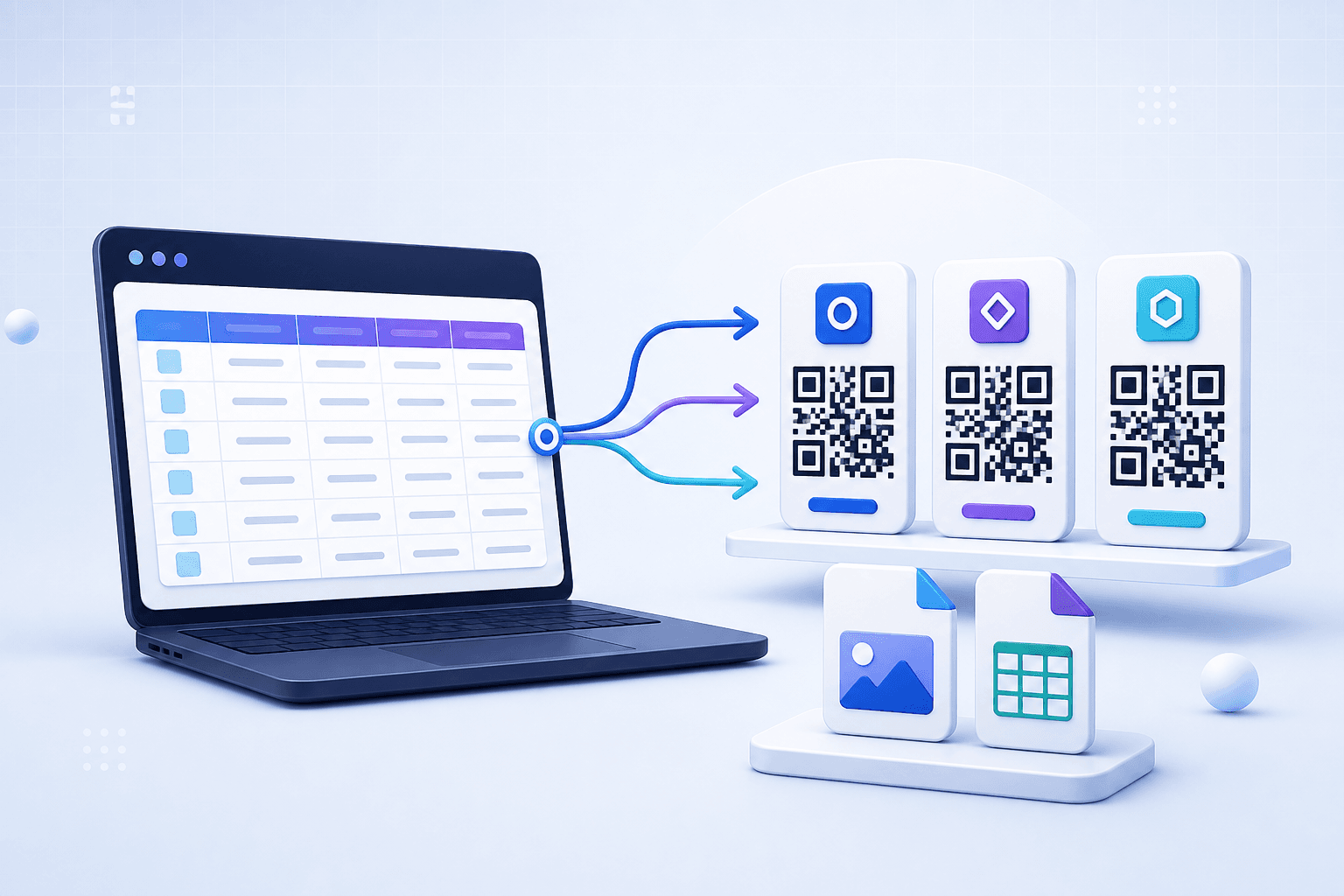Spreadsheet rows flowing into multiple organized QR code cards