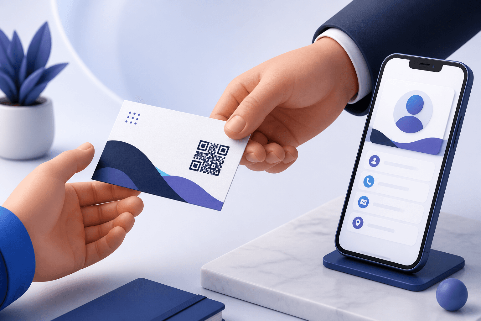 Business card with a QR code being exchanged beside a digital contact preview