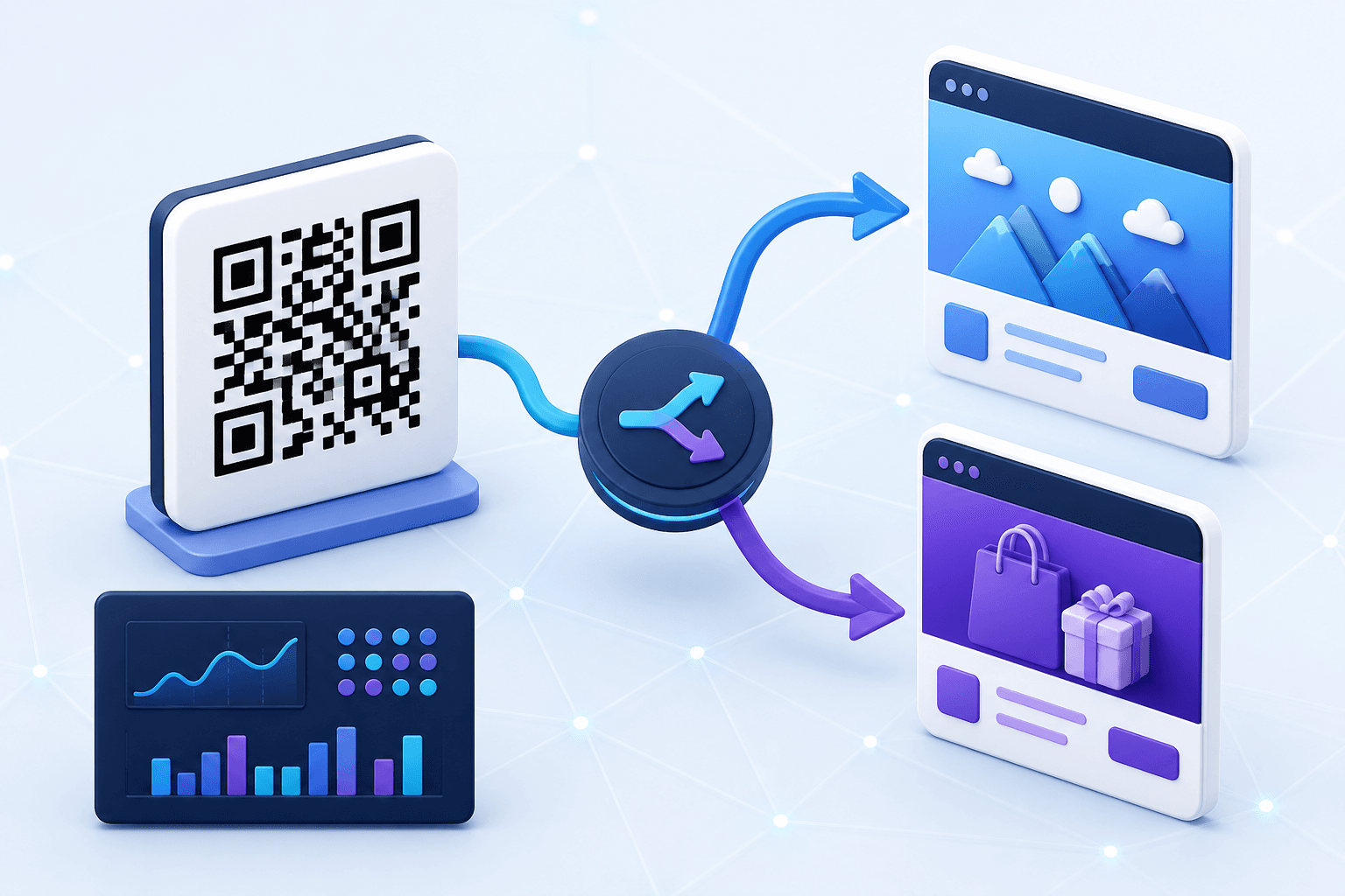 One fixed QR code routing to changeable destinations with scan analytics