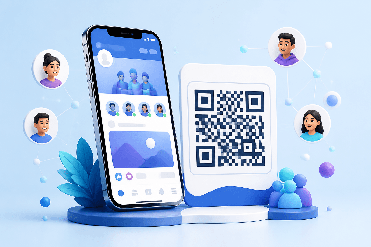 QR code card beside a phone showing a generic social community page