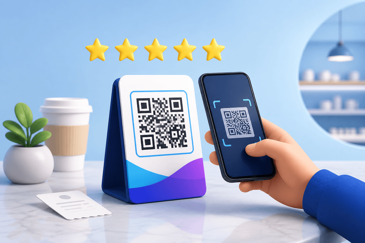 Customer scanning a review QR code displayed on a counter card
