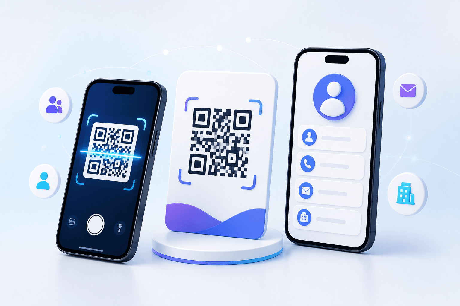 Phone scanning a vCard QR code beside a digital contact profile