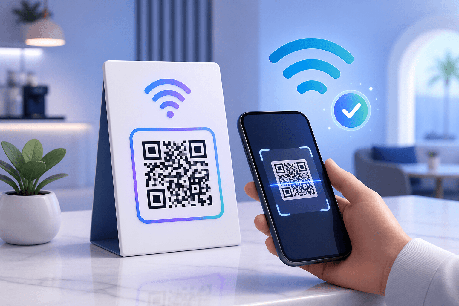 Guest scanning a WiFi QR code and receiving a successful connection signal