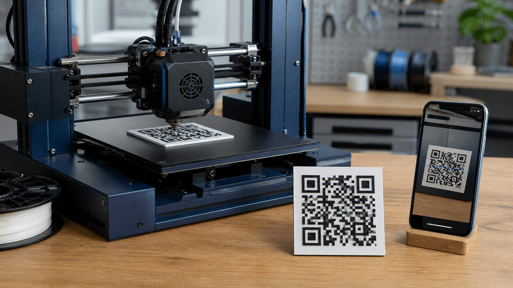 3D printer producing a high-contrast QR code plaque while a phone tests a finished print