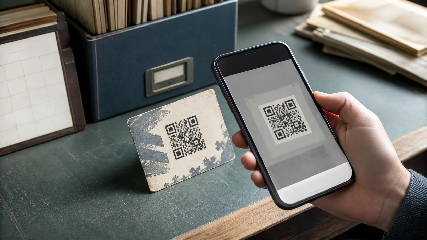 Modern phone scanning an old printed QR code card