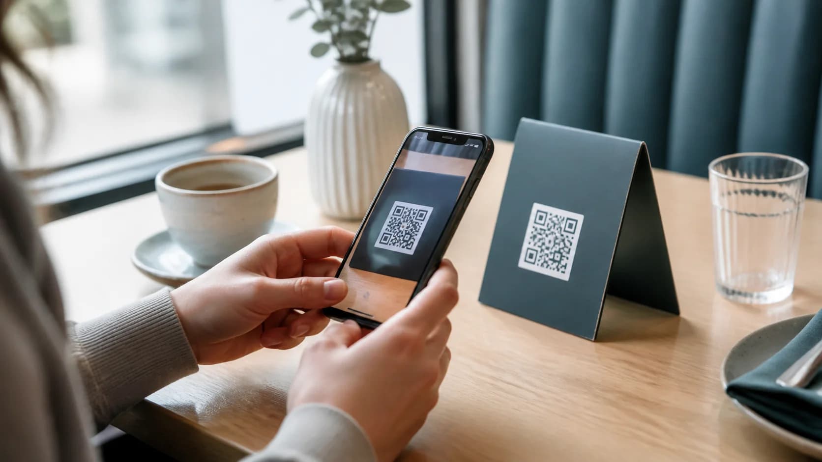 Person learning how to scan QR code on iPhone at a cafe table