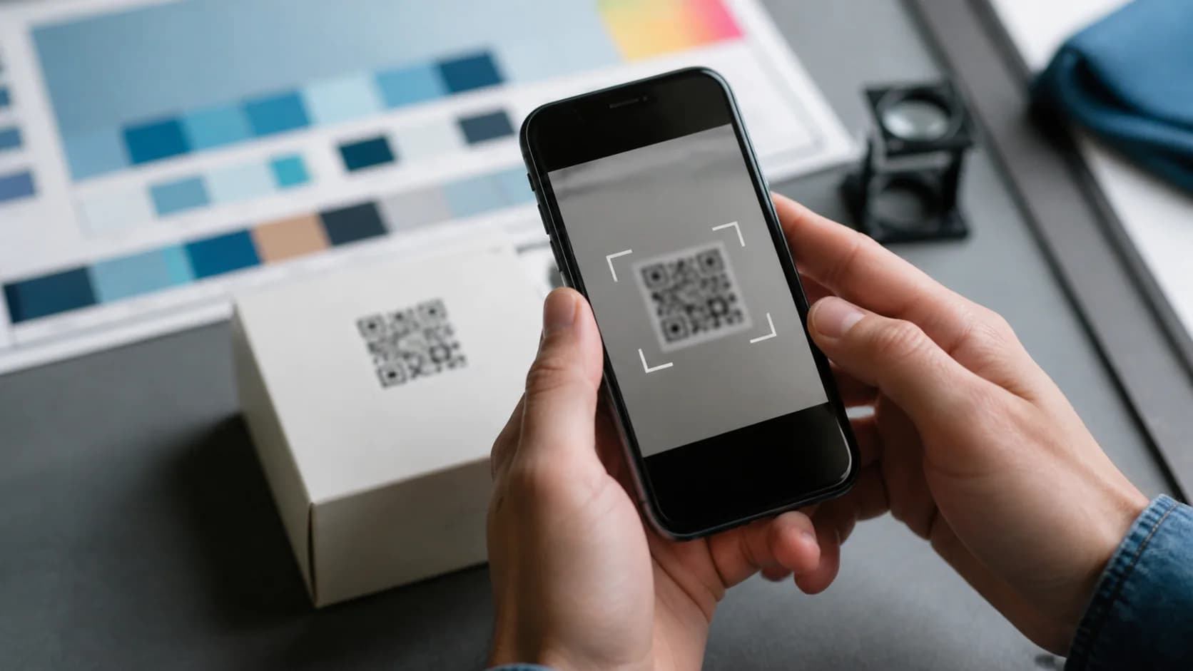 Phone attempting to scan a blurred QR code on a printed product label