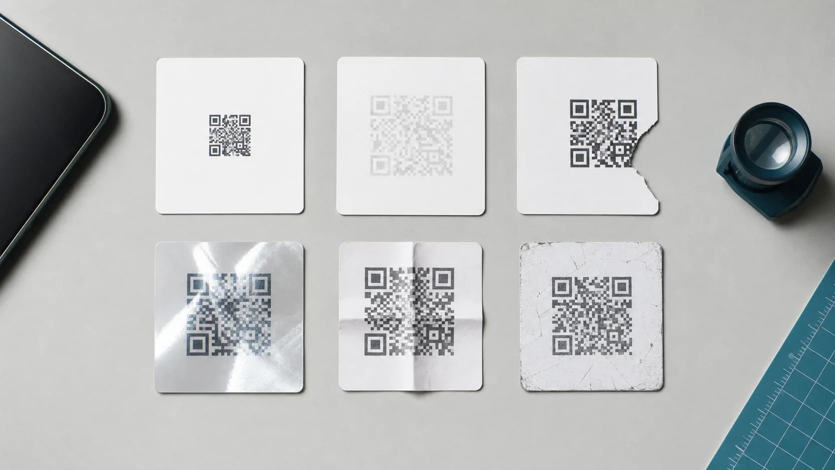 Six QR code samples showing small size low contrast damage glare folds and wear