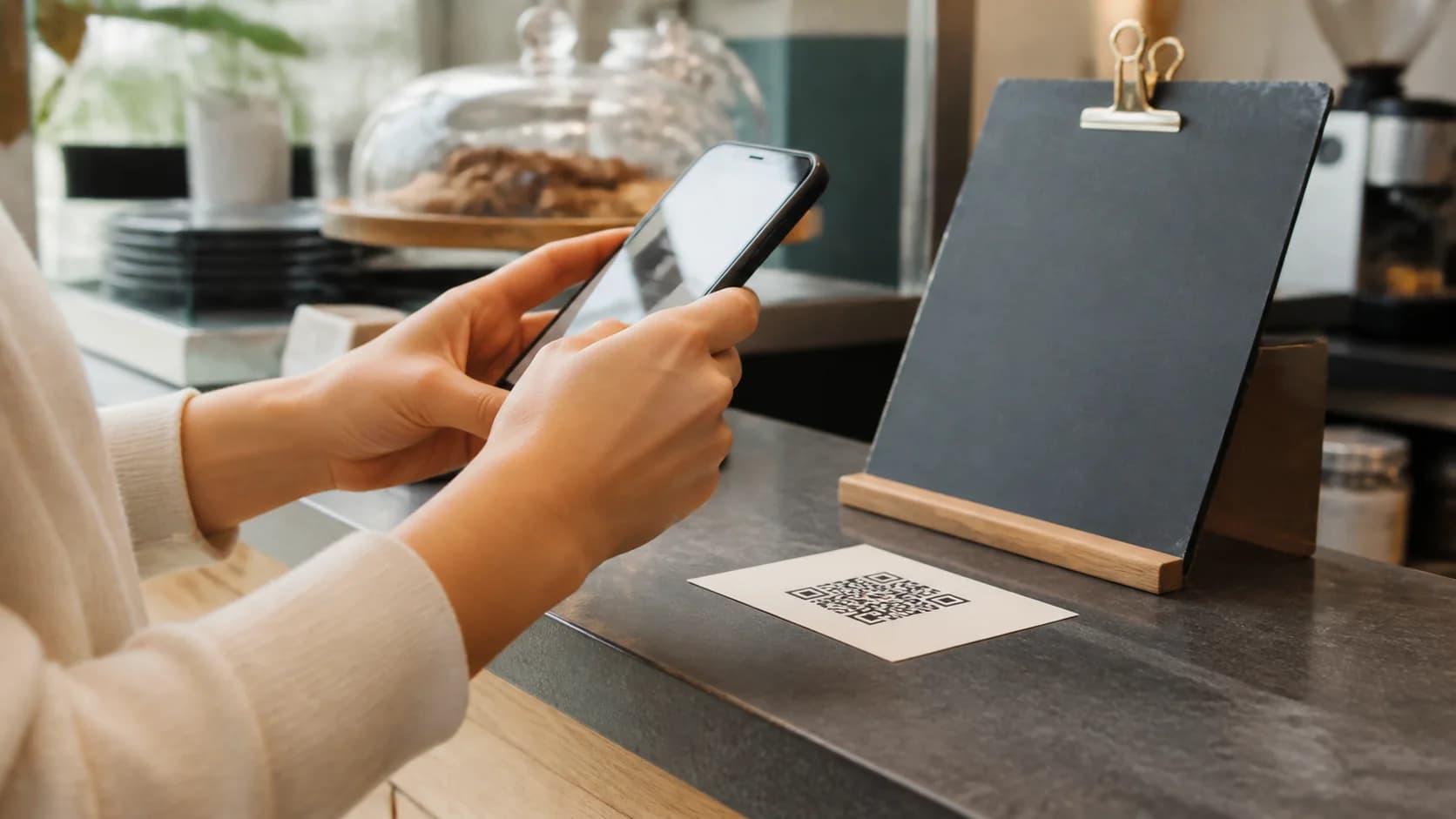 Person troubleshooting a QR code not scanning at a cafe counter