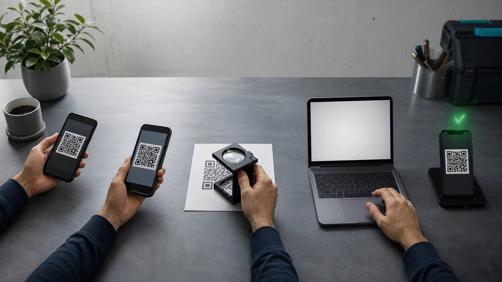 QR code troubleshooting flow using multiple phones print inspection and destination checks