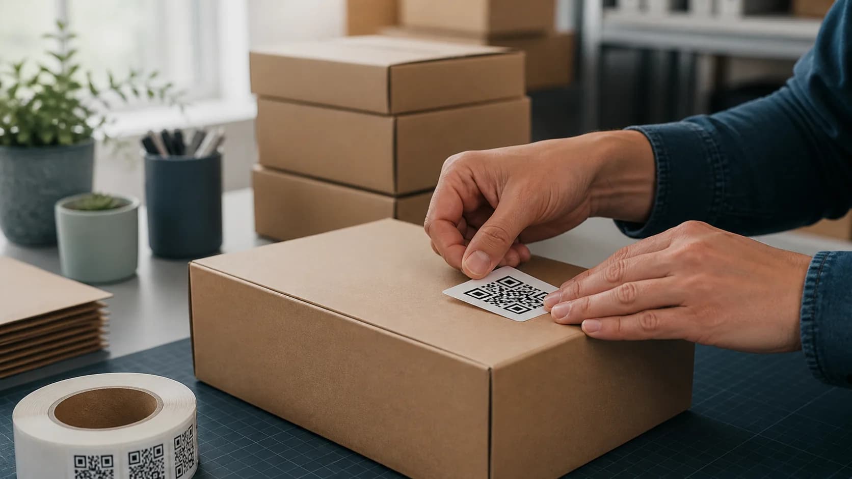 Hands applying a matte QR code sticker to a reusable shipping box