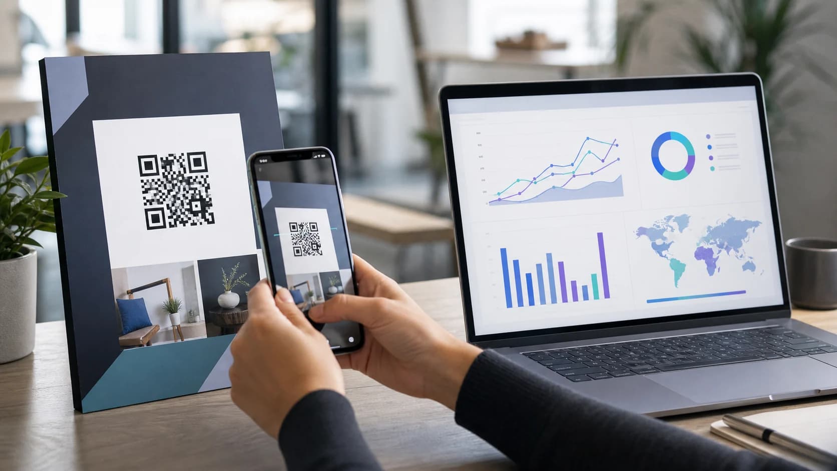 Phone scanning a campaign QR code beside a laptop showing scan analytics