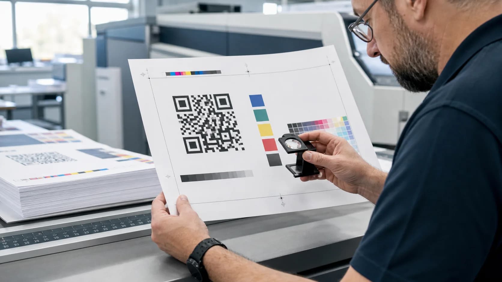 Print technician inspecting a QR code production proof with a loupe
