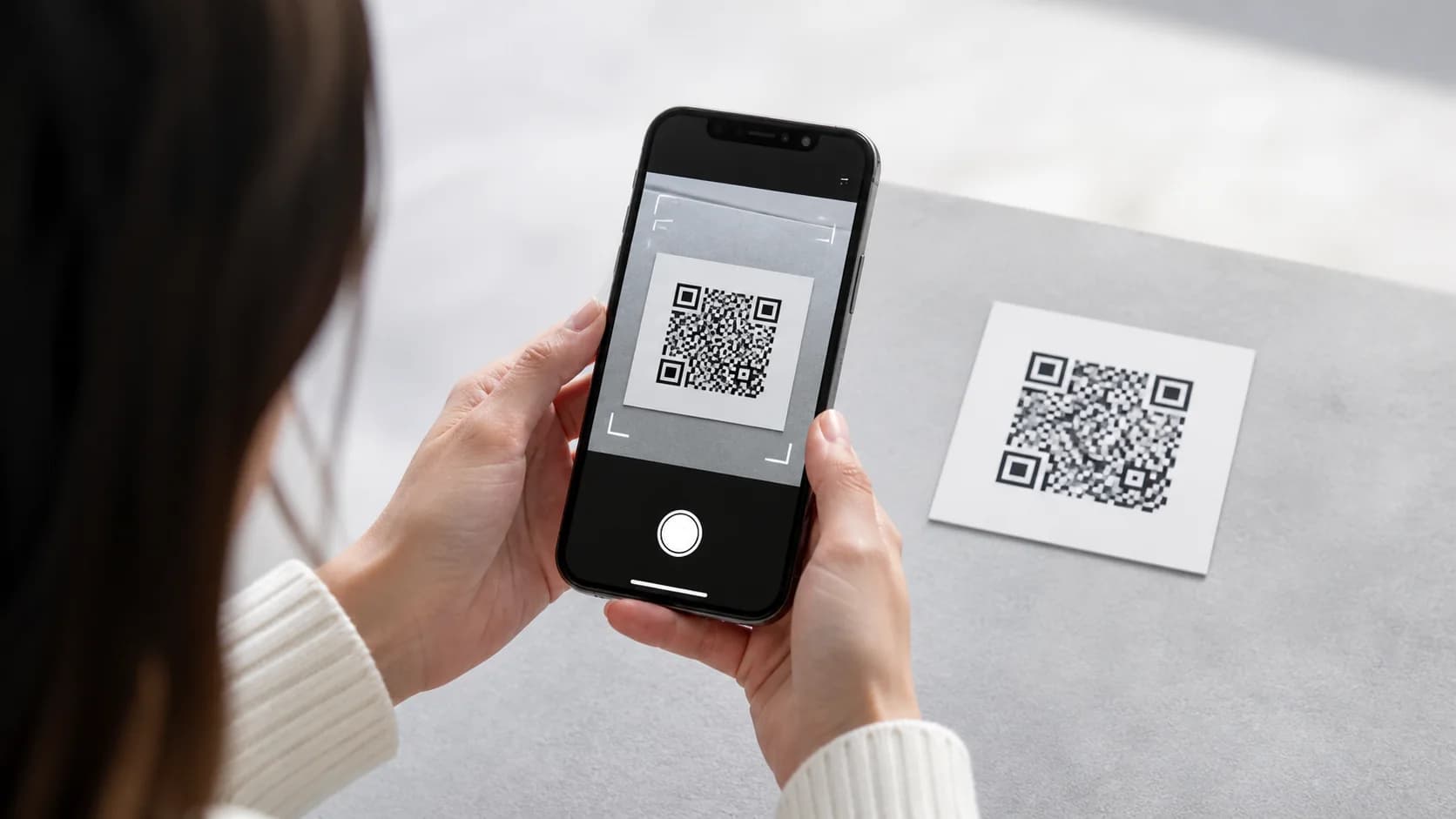 iPhone Camera framing an entire printed QR code with clear space around it