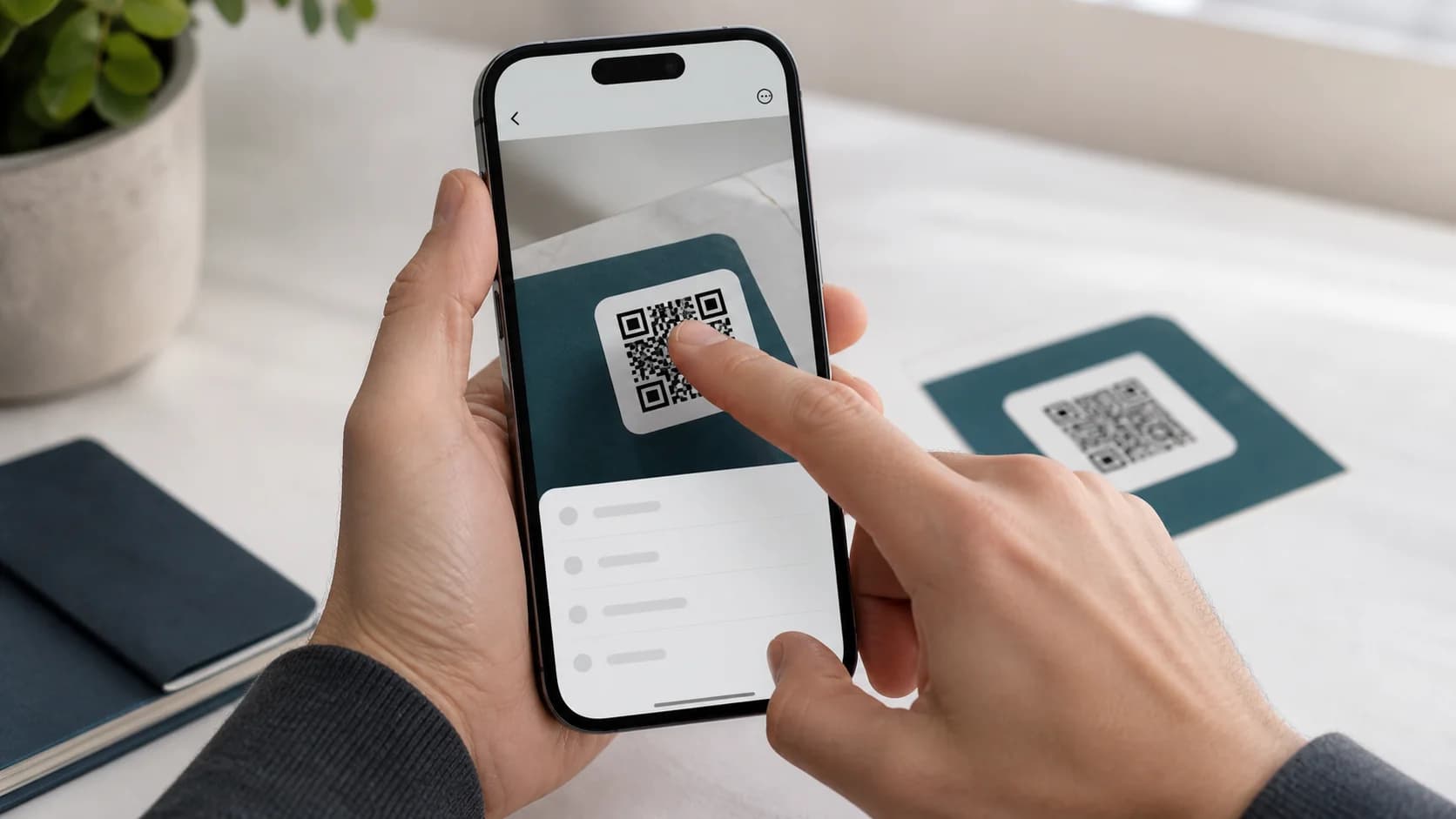 Finger selecting a QR code inside a saved photo on an iPhone
