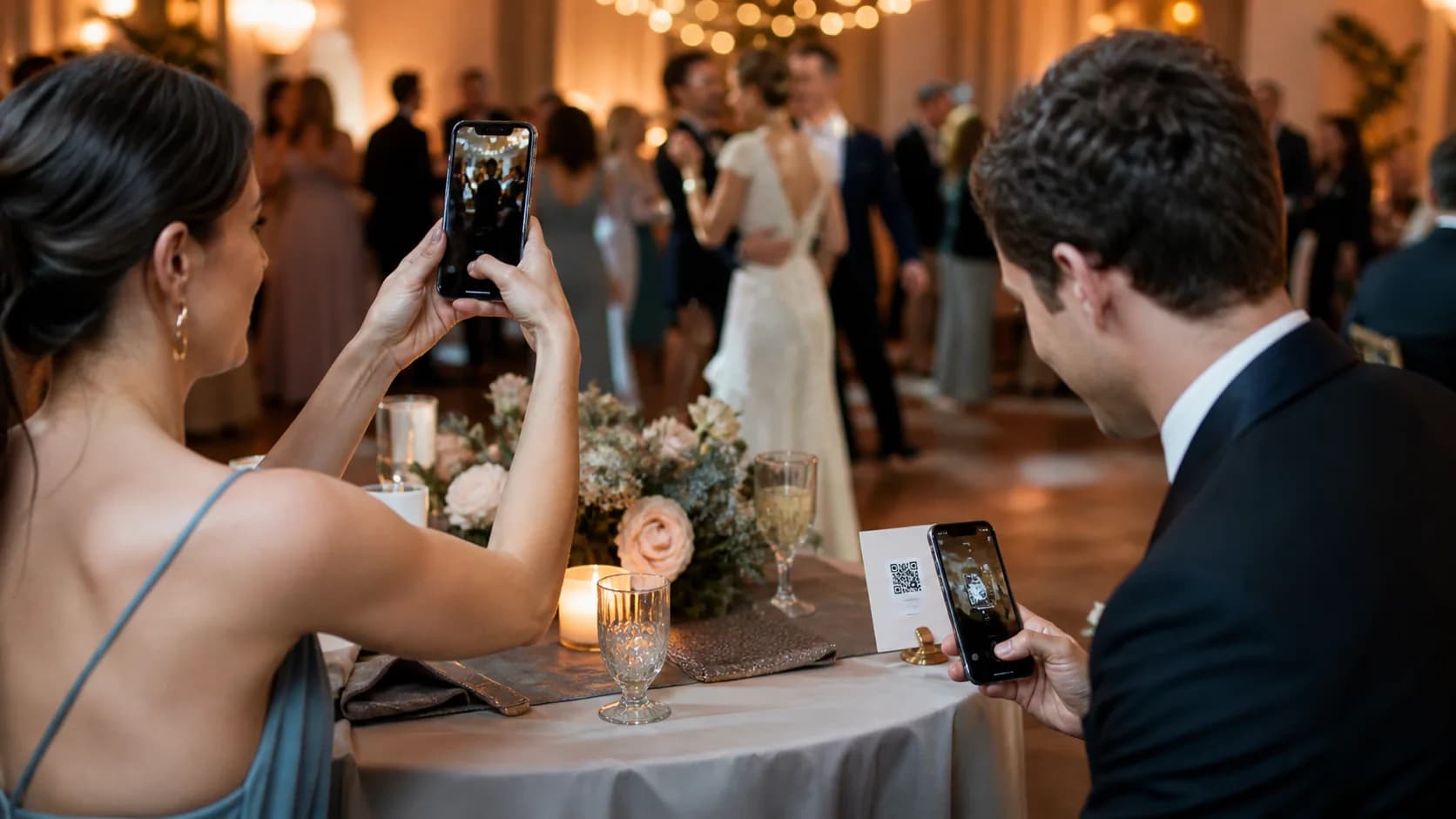 Wedding guests taking candid photos and scanning a table card to share them