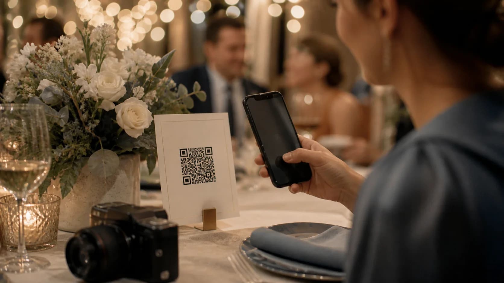 Wedding guest scanning a QR code table card beside flowers and a camera