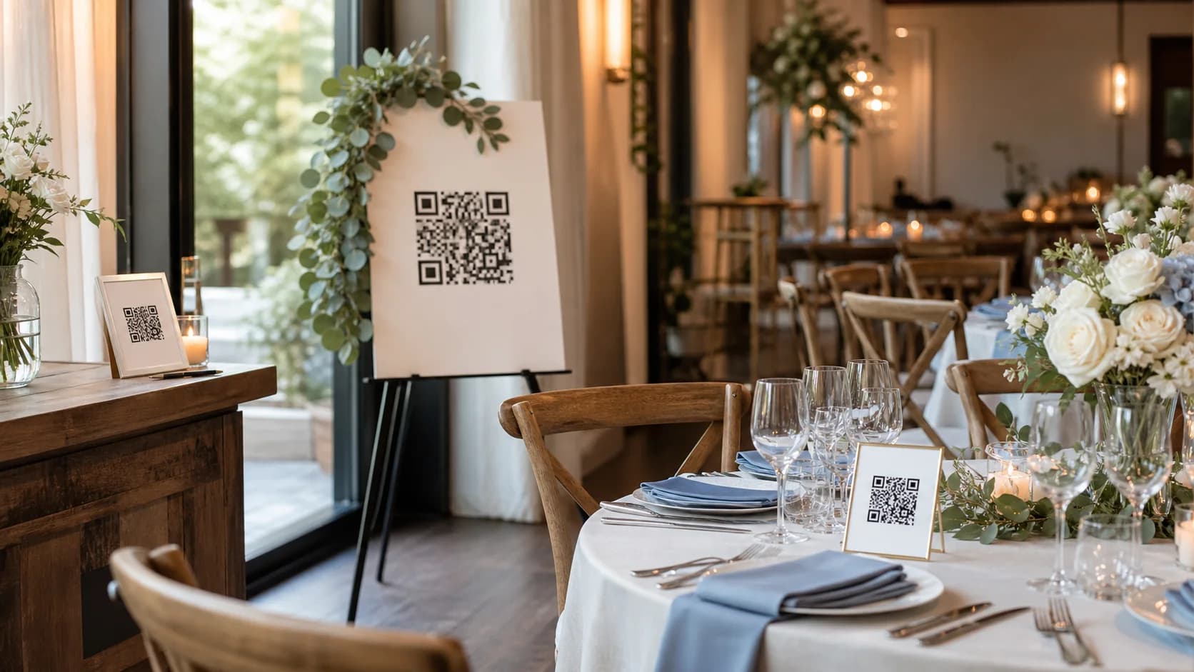 Wedding QR code displayed at the entrance guestbook table and reception place settings