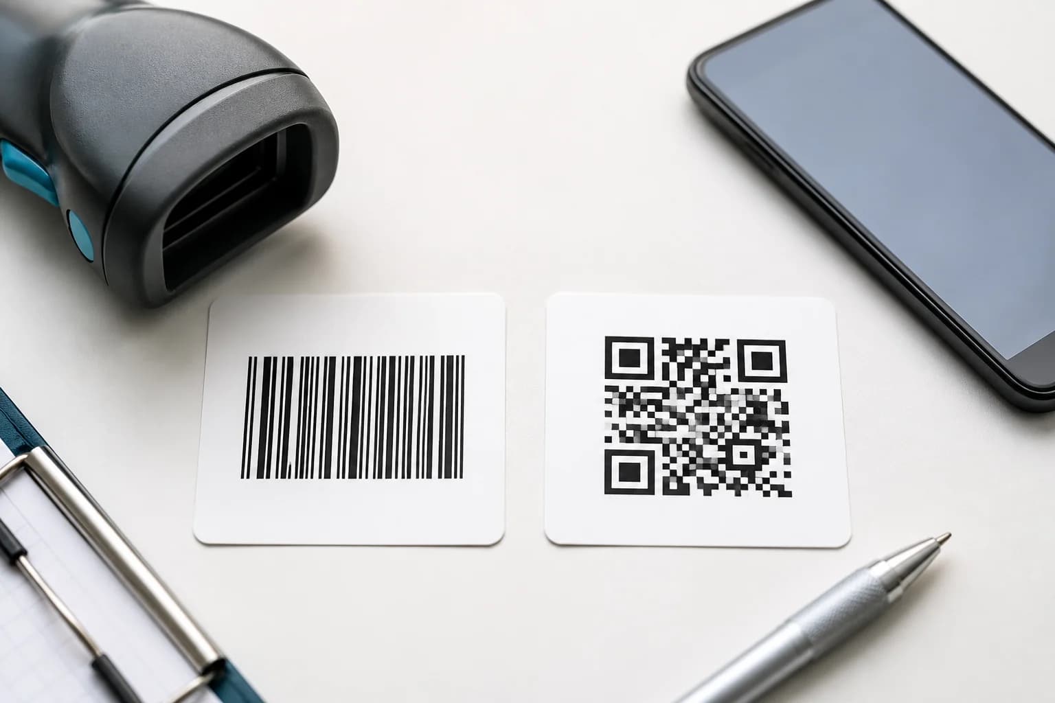 Traditional barcode and QR code shown side by side with scanning devices