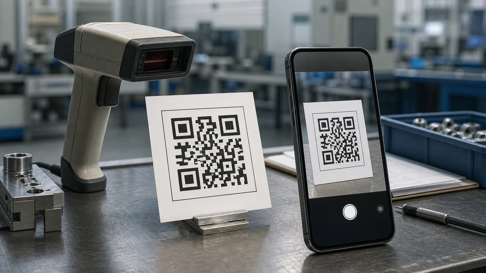 Industrial QR code scanner and modern smartphone scanning a QR code