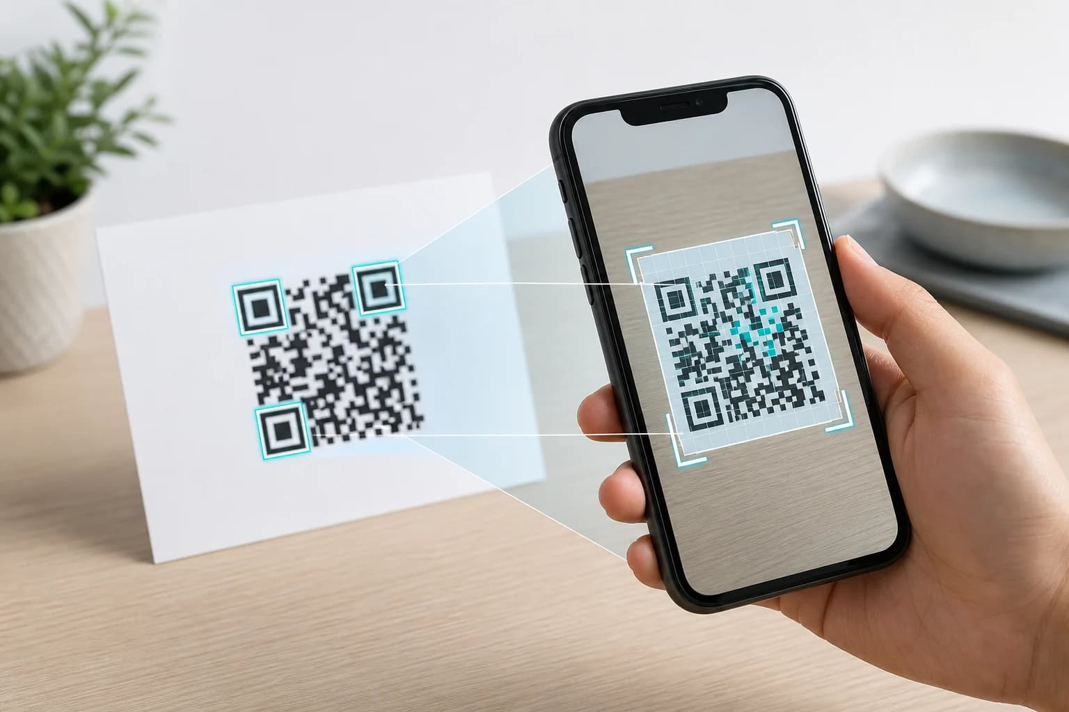 Smartphone camera detecting the three corner markers of a printed QR code