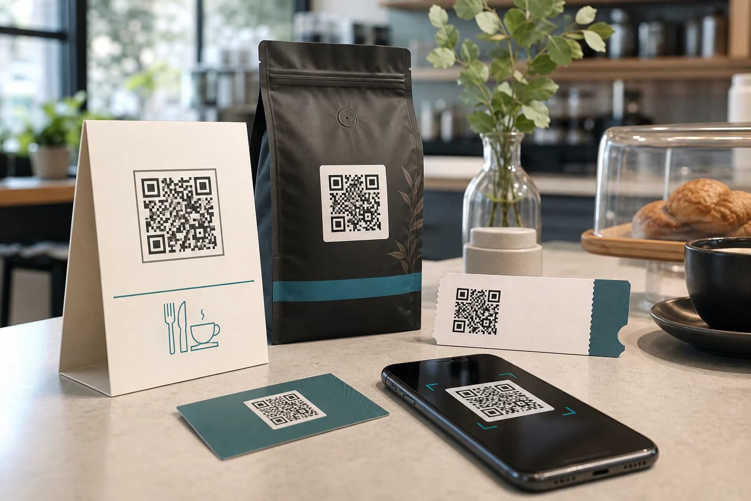 QR codes used on a café sign, product package, event ticket, and contact card