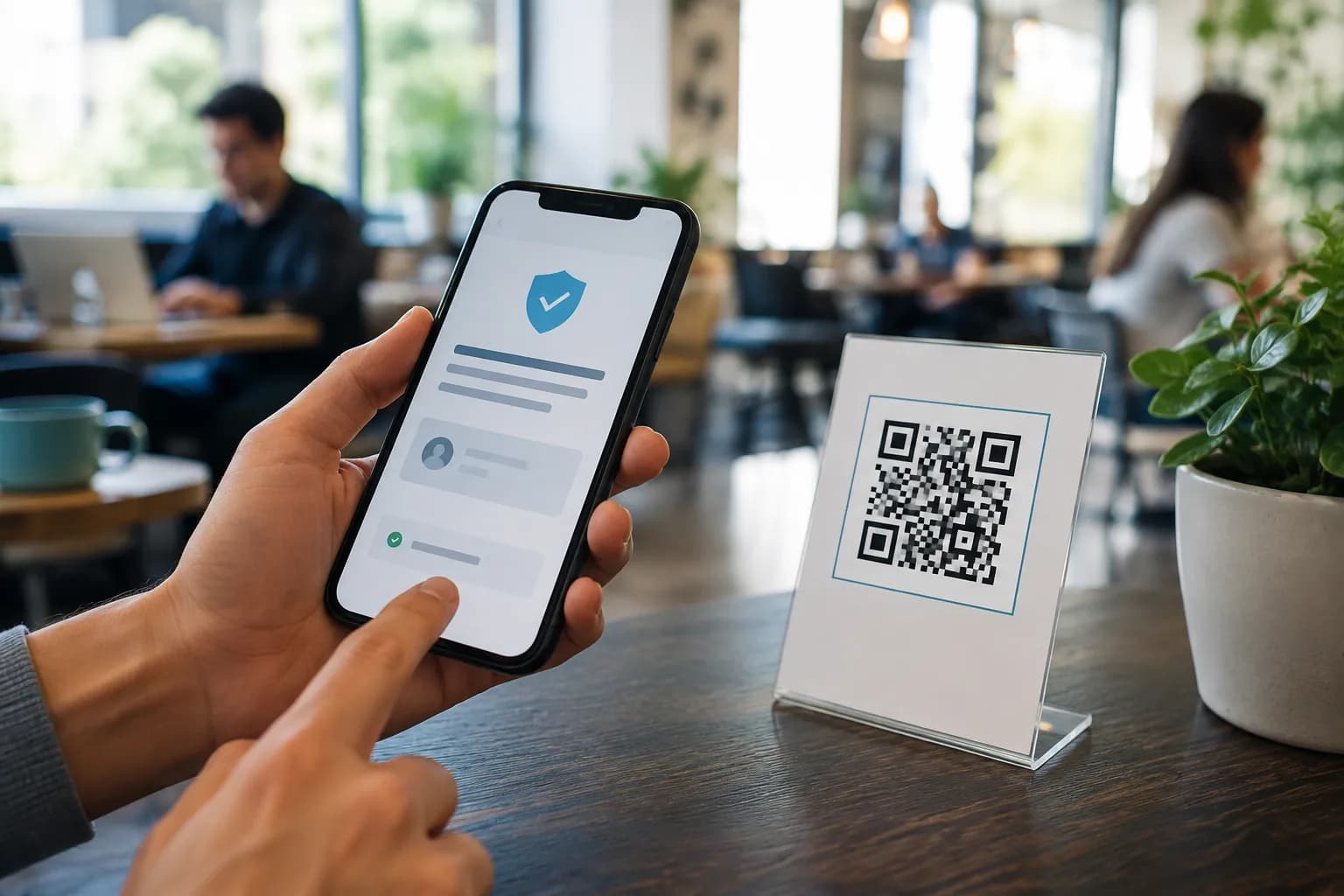 Person checking a QR code link preview and security indicator before opening it