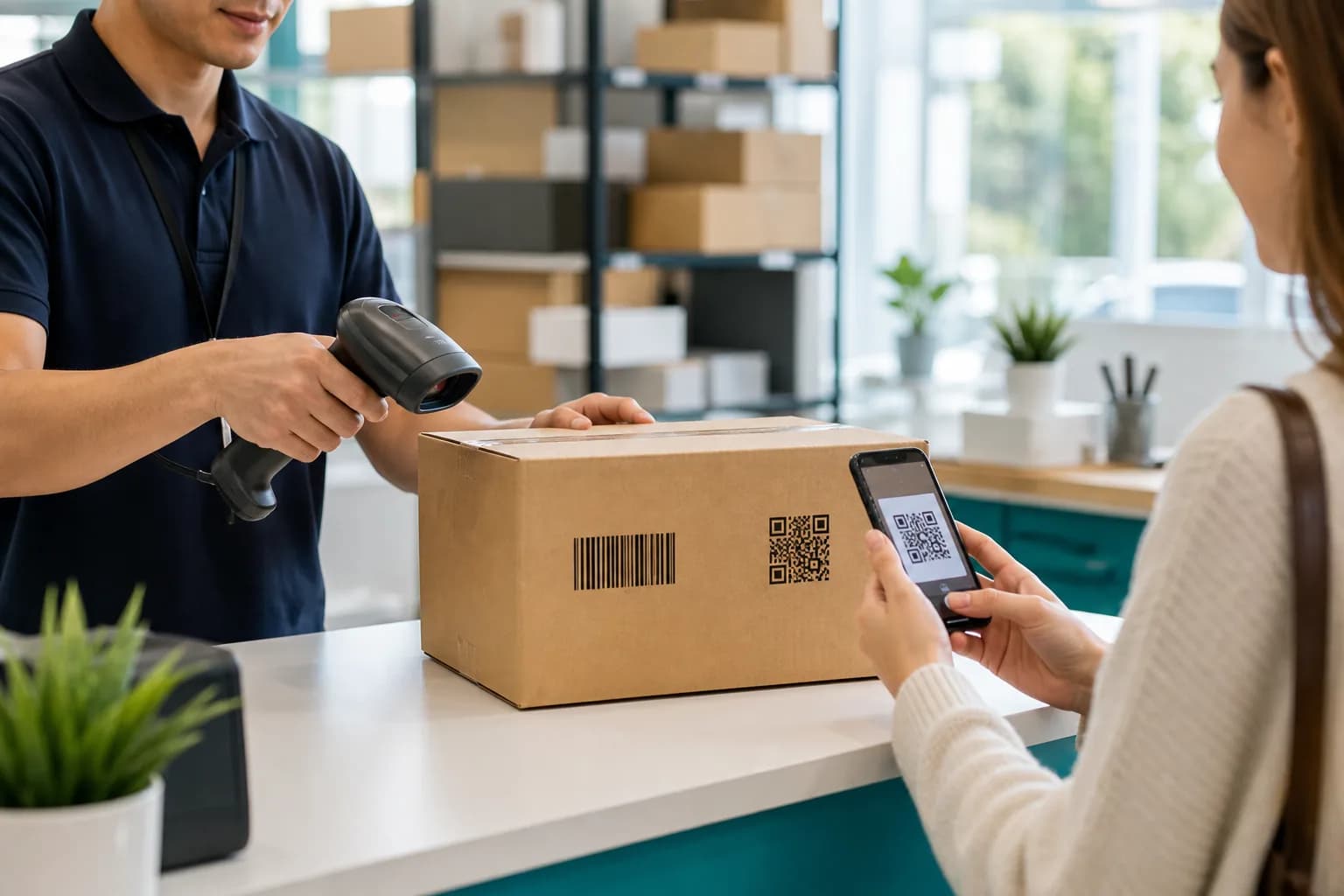 Worker scanning a package barcode while a customer scans a separate QR code on the same box