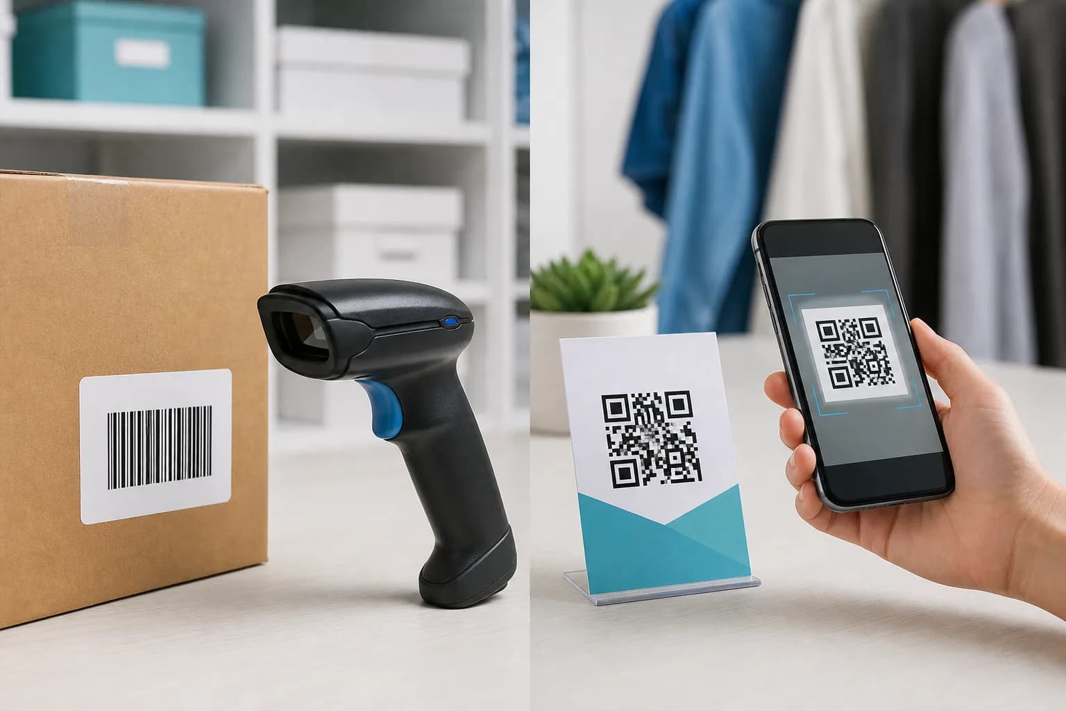 Linear retail barcode and QR code shown with their typical scanners