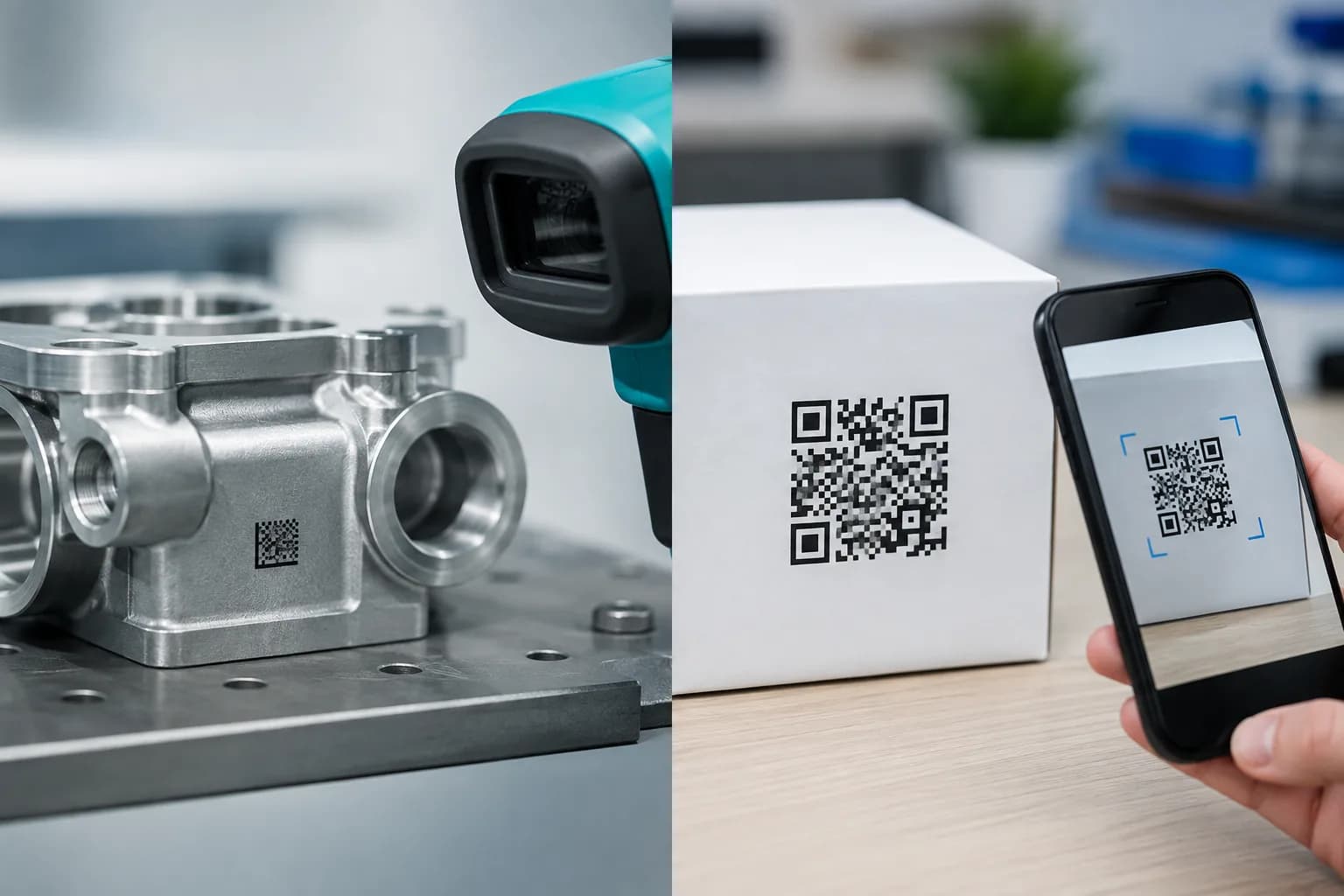 Industrial Data Matrix code on a metal component compared with a QR code on consumer packaging