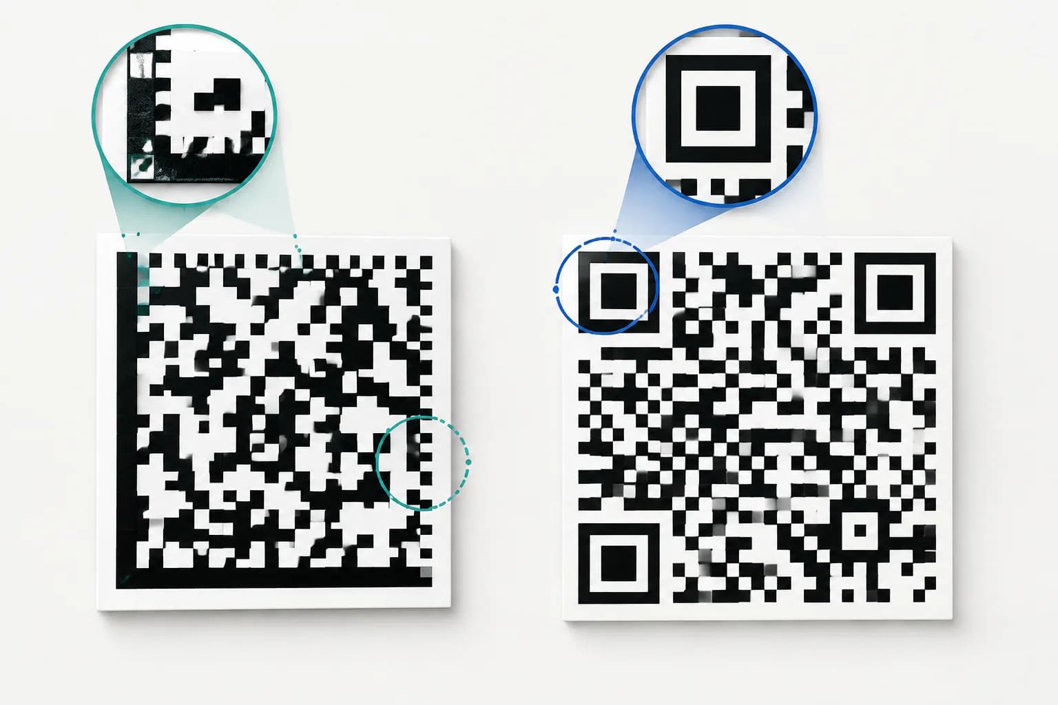 Data Matrix L-shaped border compared with the three corner markers of a QR code