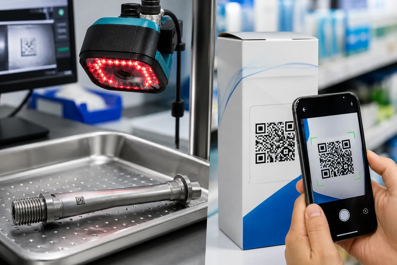 Industrial imager reading a small code on metal while a smartphone reads a QR code on packaging
