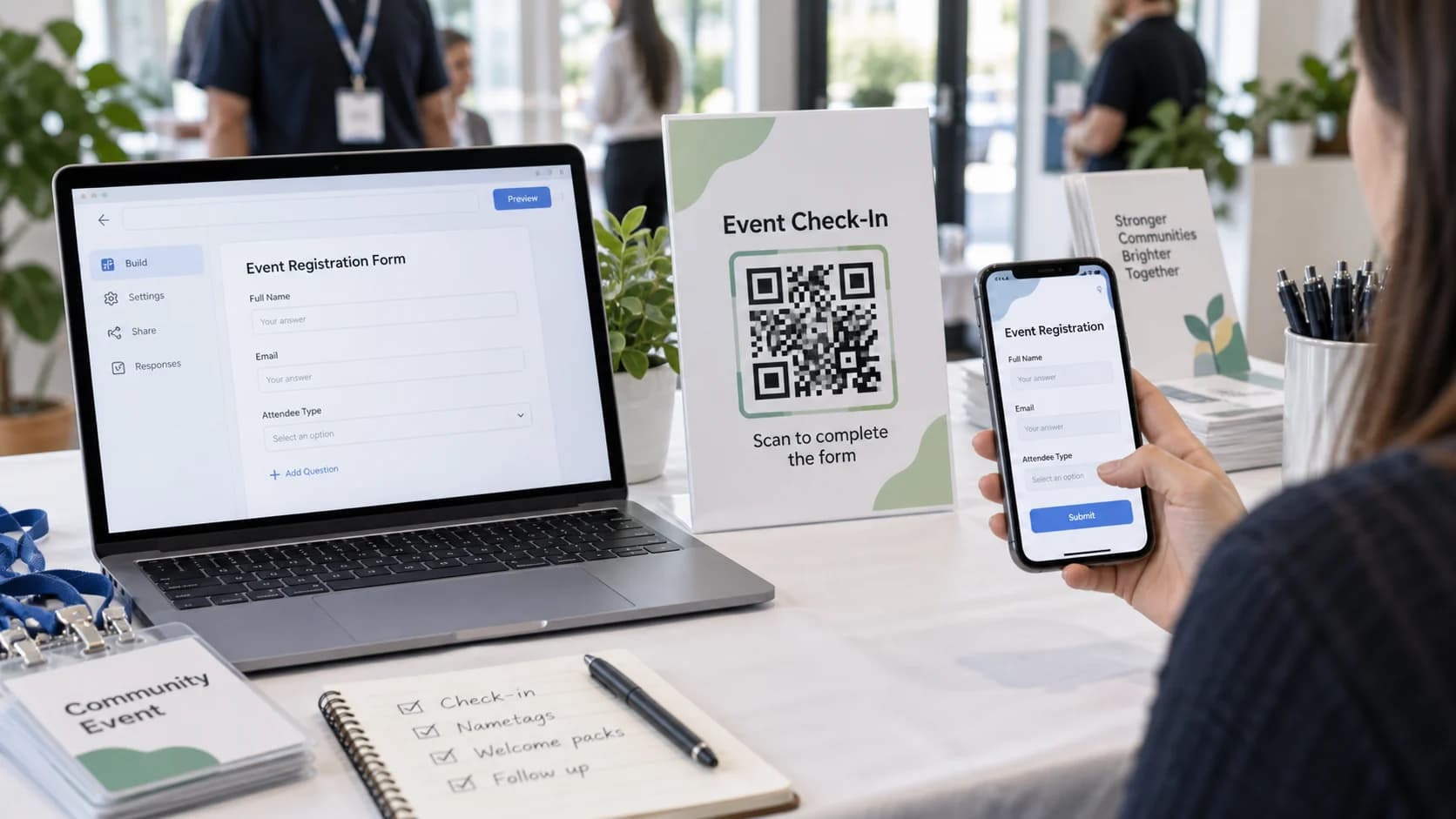 Event organizer testing a Google Form QR code at a check-in desk