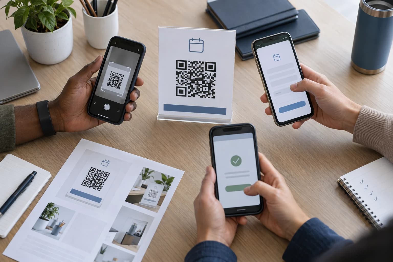 Several smartphones testing a printed Google Form QR code sign before an event