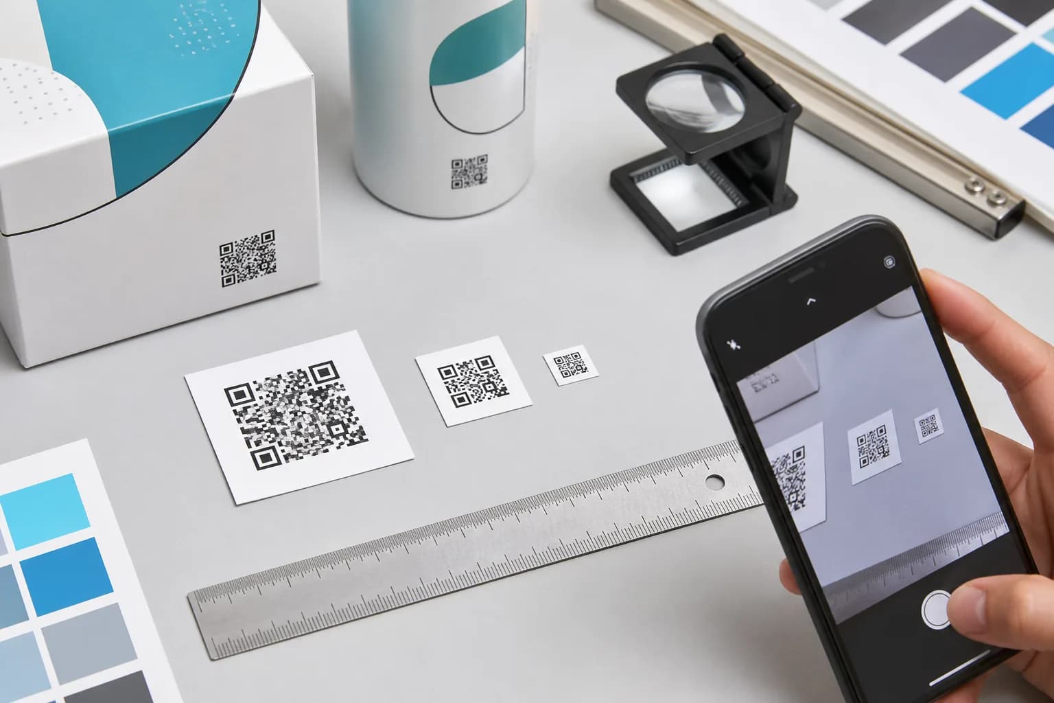 QR code samples at several physical sizes beside a ruler, print loupe, and smartphone