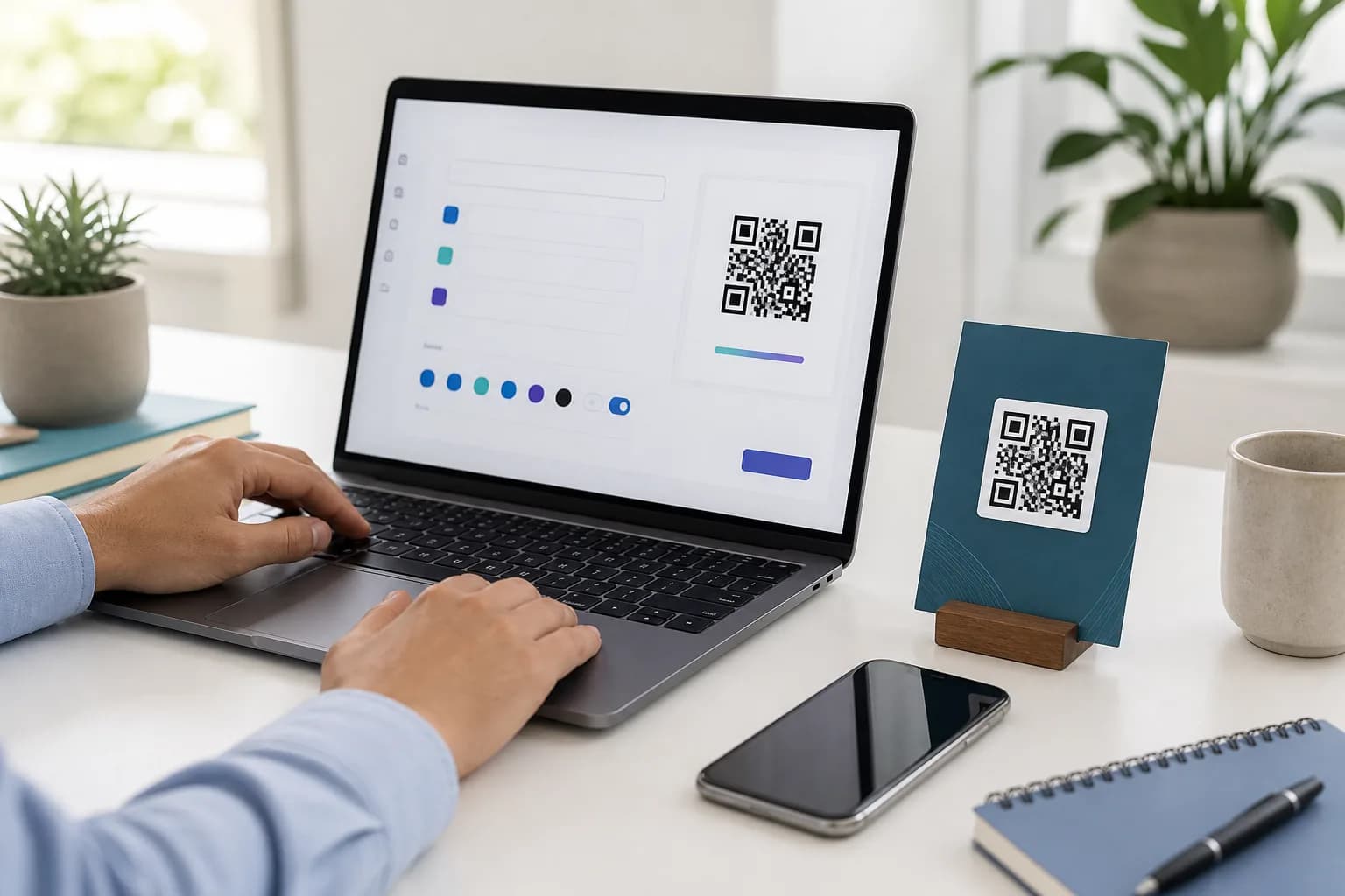 Person creating and previewing a QR code on a laptop beside a printed QR card