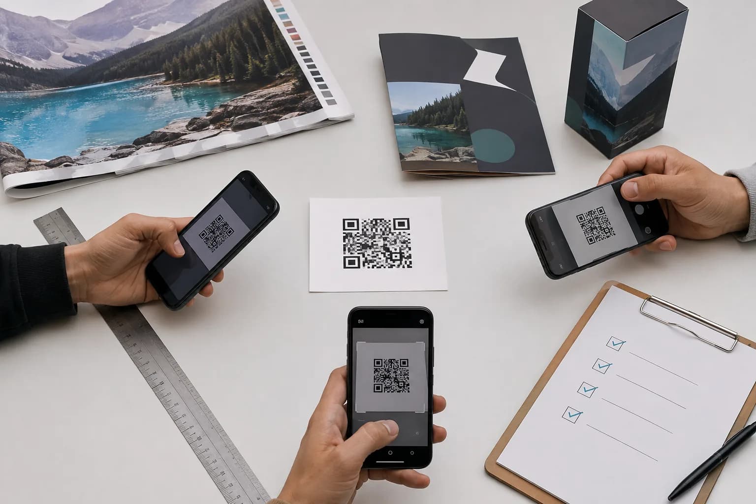 Three smartphones testing the same printed QR code beside a ruler and print-quality checklist