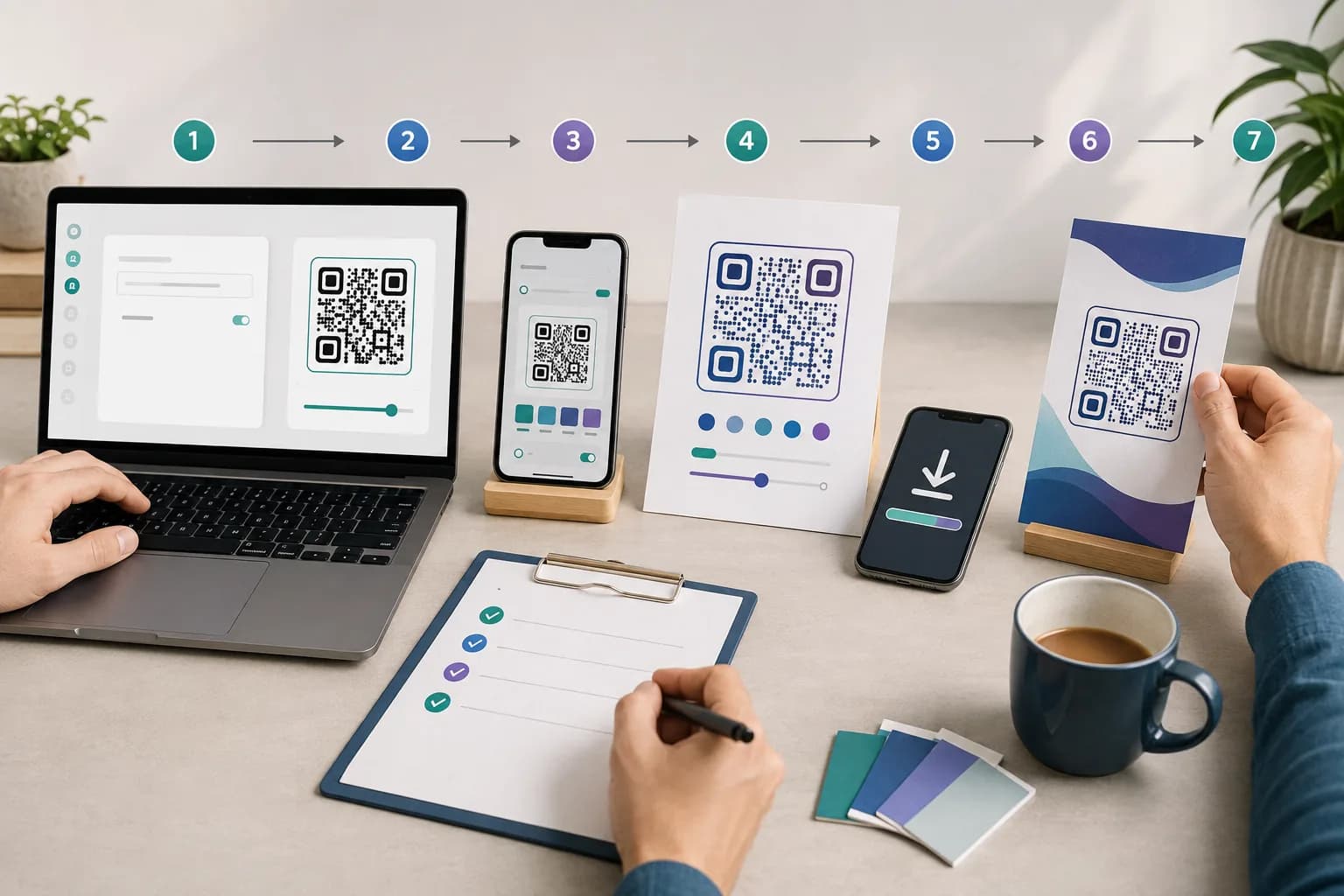 Seven-stage QR code creation workflow across a laptop, phone, download, print proof, and checklist