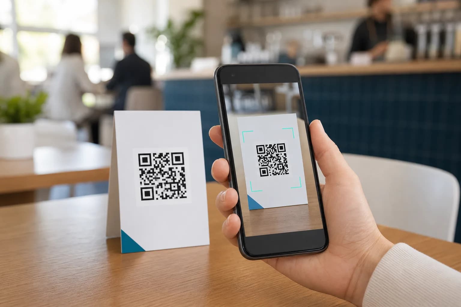 Android phone scanning a QR code on a café table card
