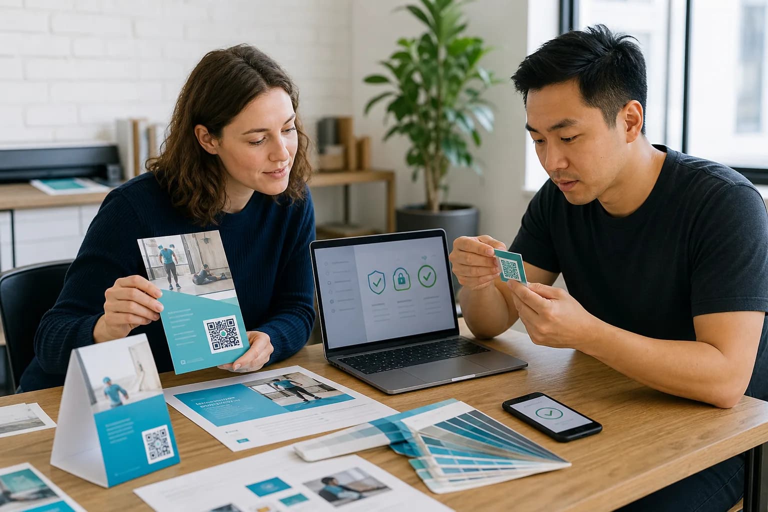 Business team testing QR print proofs and inspecting a possible overlay sticker