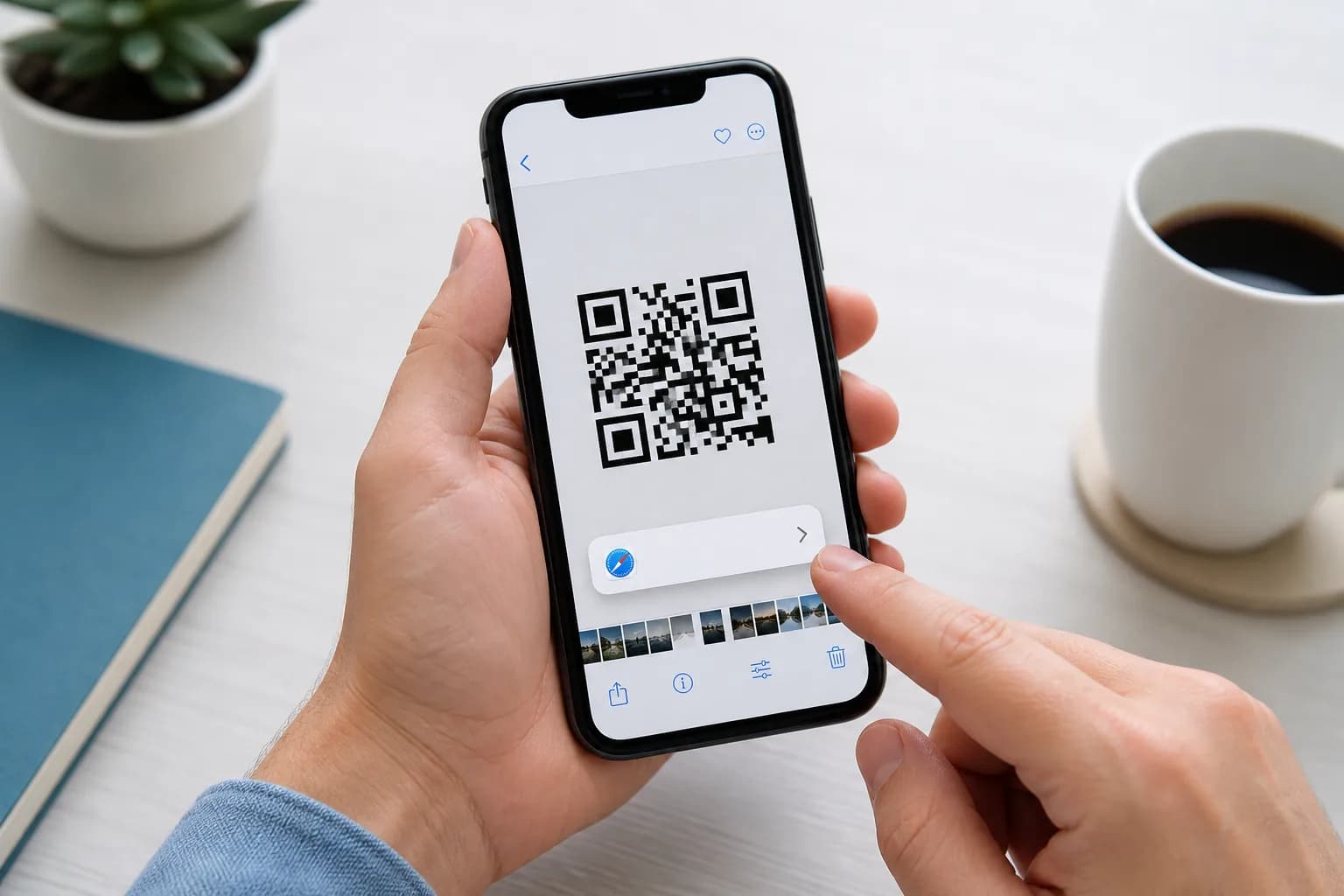 Person opening a QR code screenshot in a phone gallery and selecting the recognized link action