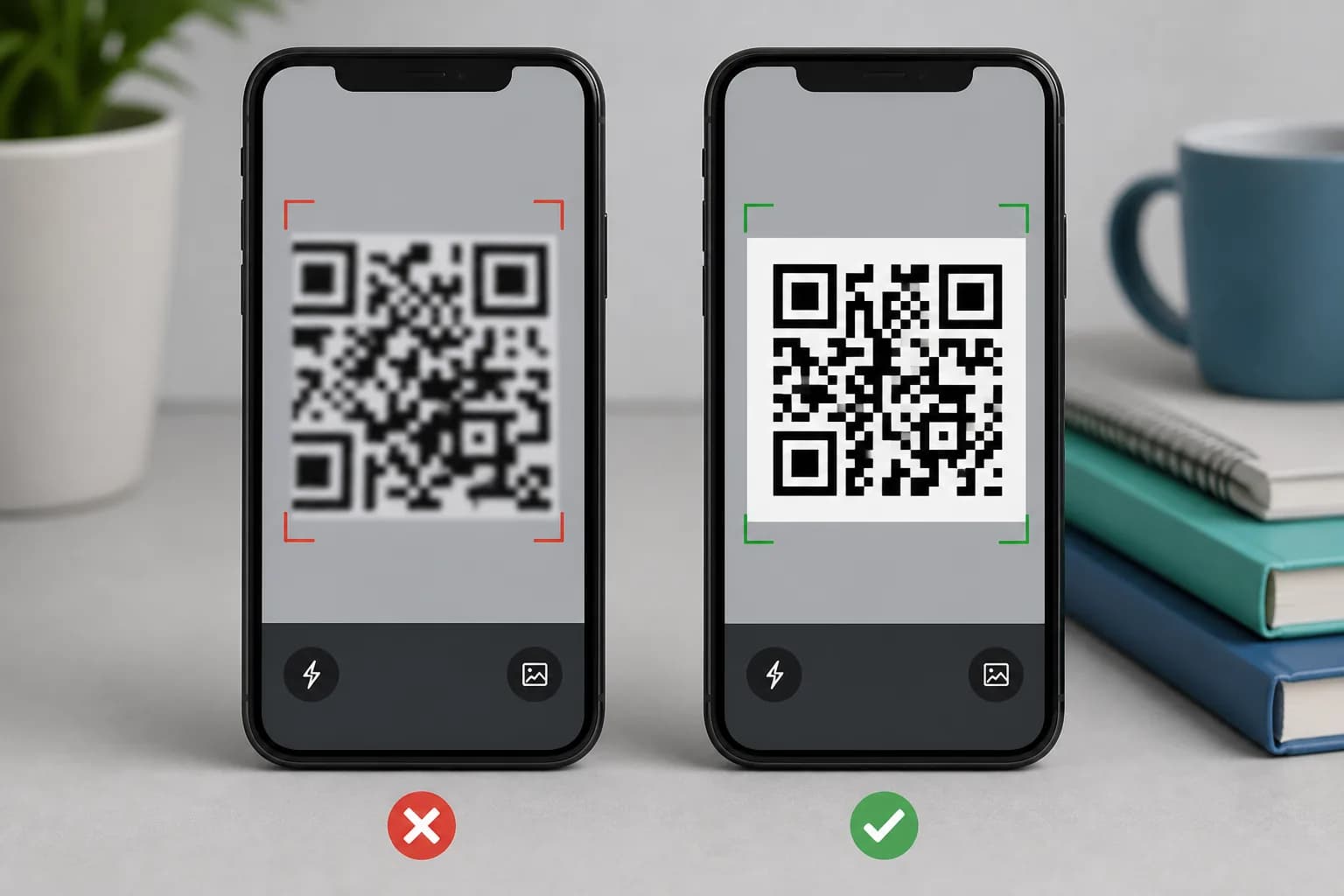 Blurry cropped QR screenshot compared with a sharp complete screenshot that scans successfully