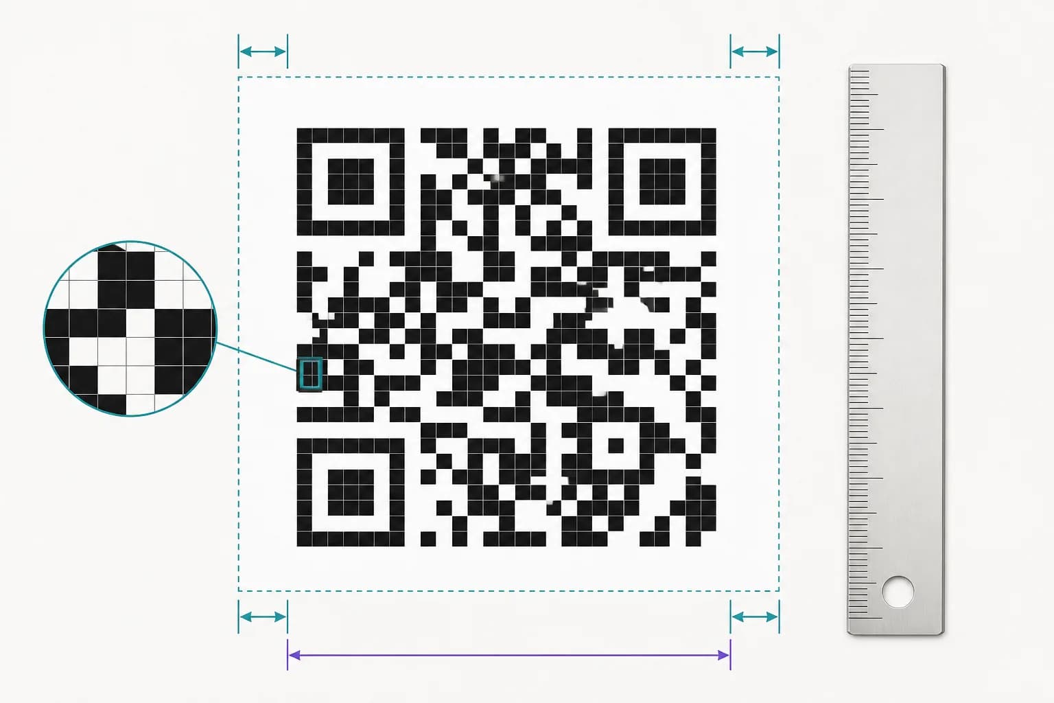 Magnified QR code modules with a clear surrounding quiet zone and dimension lines