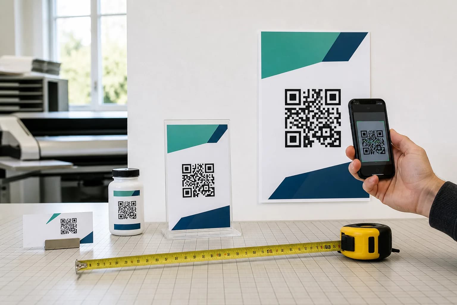 Business card, bottle label, tabletop sign, and poster with QR codes tested from practical distances