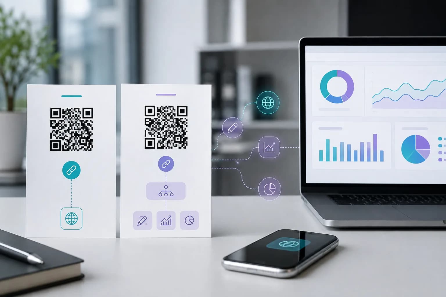 Static and dynamic QR cards compared beside routing controls and analytics
