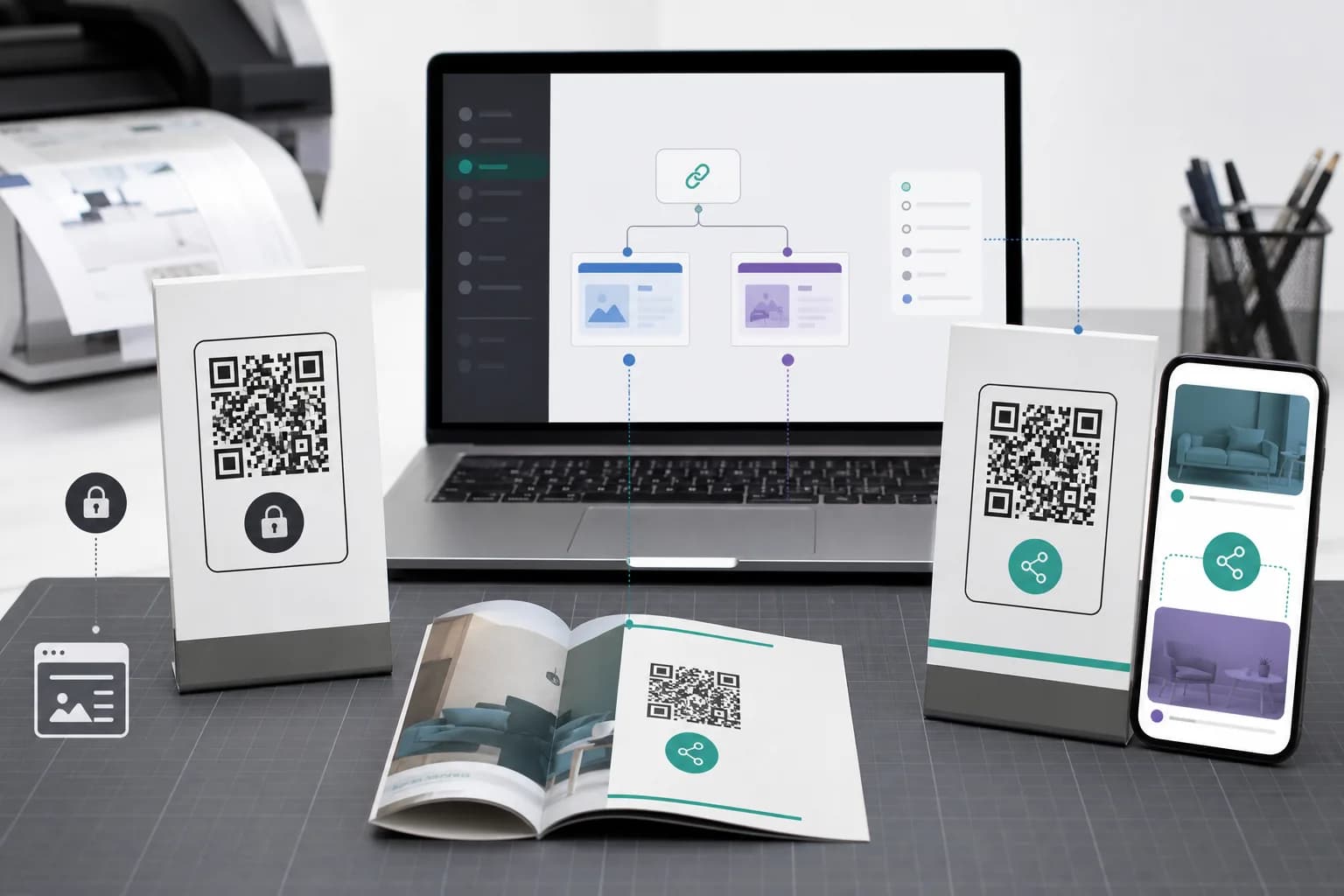 Two QR print proofs compared beside an editable routing dashboard and smartphone test scan