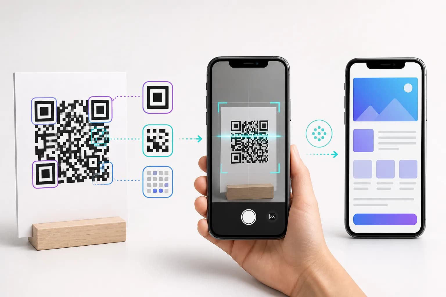 QR code components and scanning process shown between a printed code, phone camera, and webpage