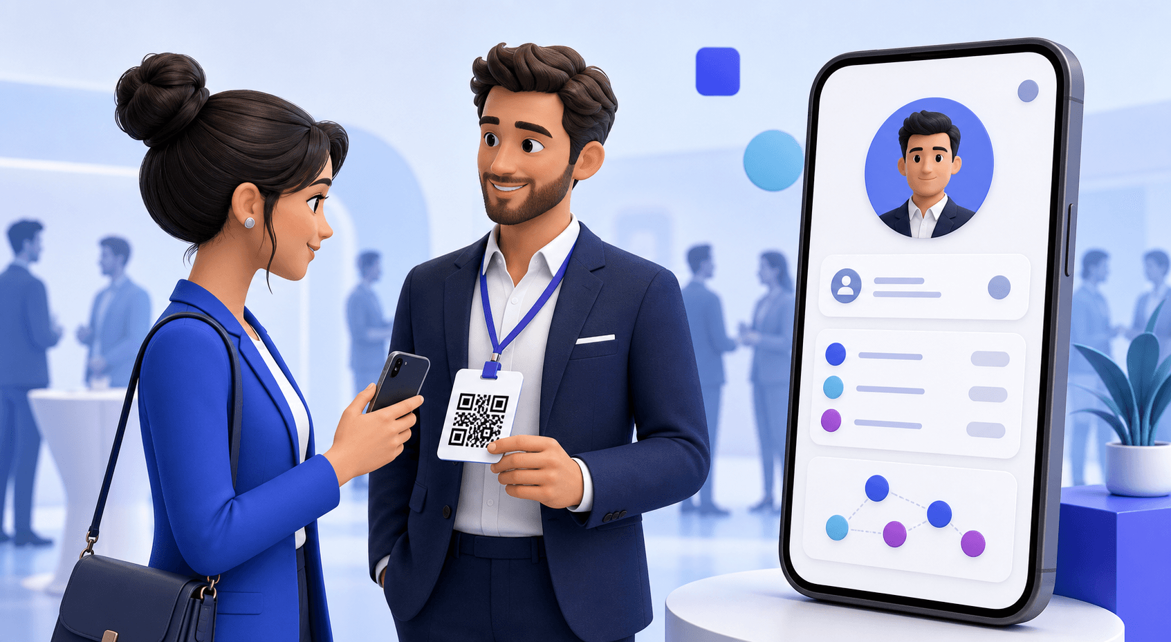 Professionals using a QR badge to open a public career profile