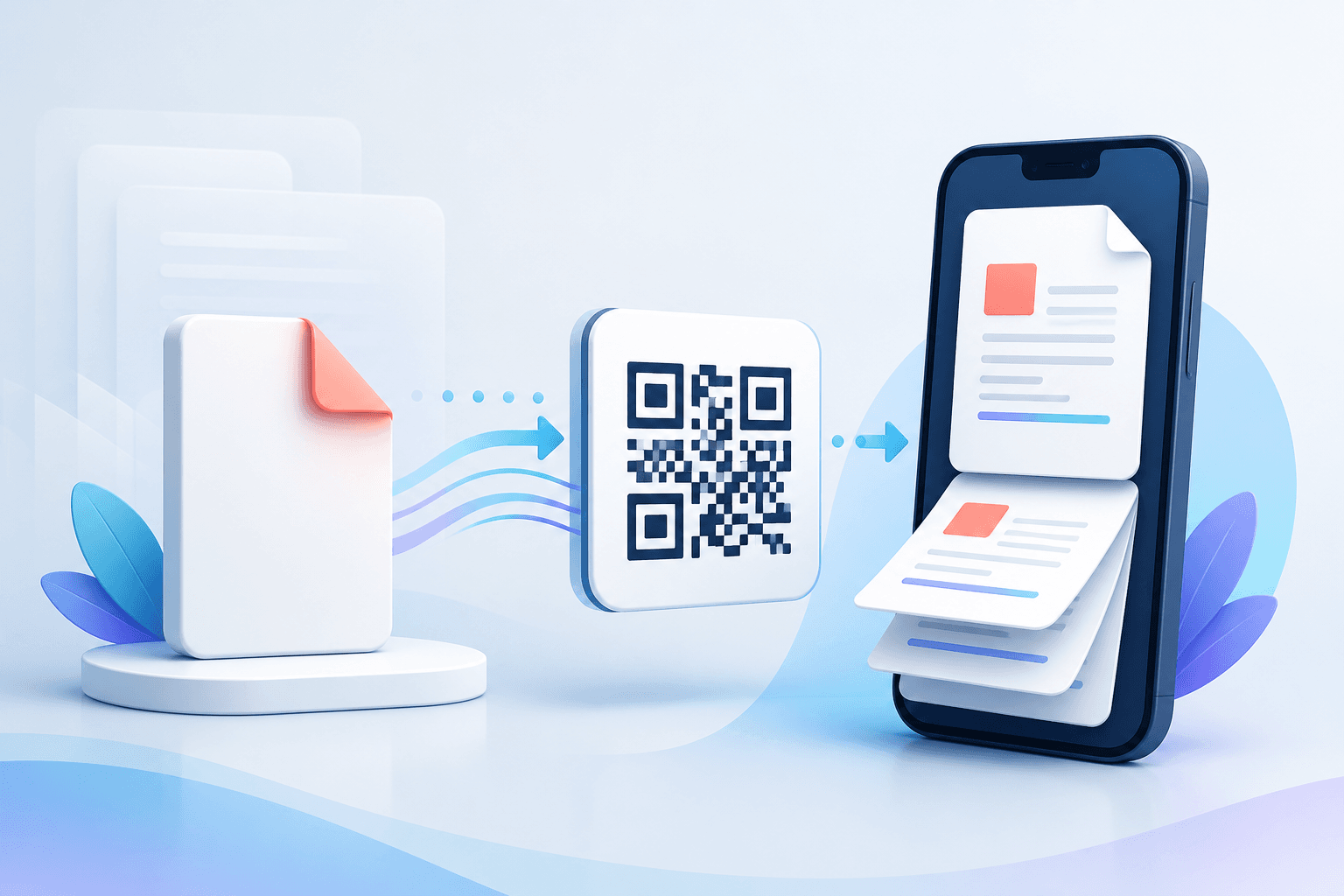 Document flowing through a QR code into a phone PDF preview