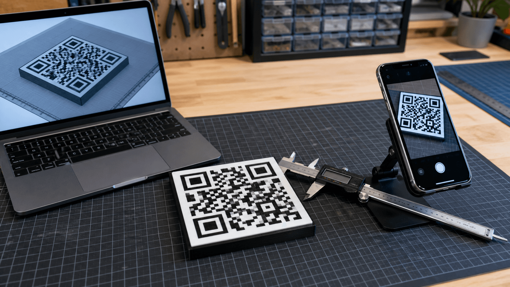 Testing a 3D Printed QR Code Prototype Laptop slicer preview calipers and smartphone testing a 3D printed QR code prototype
